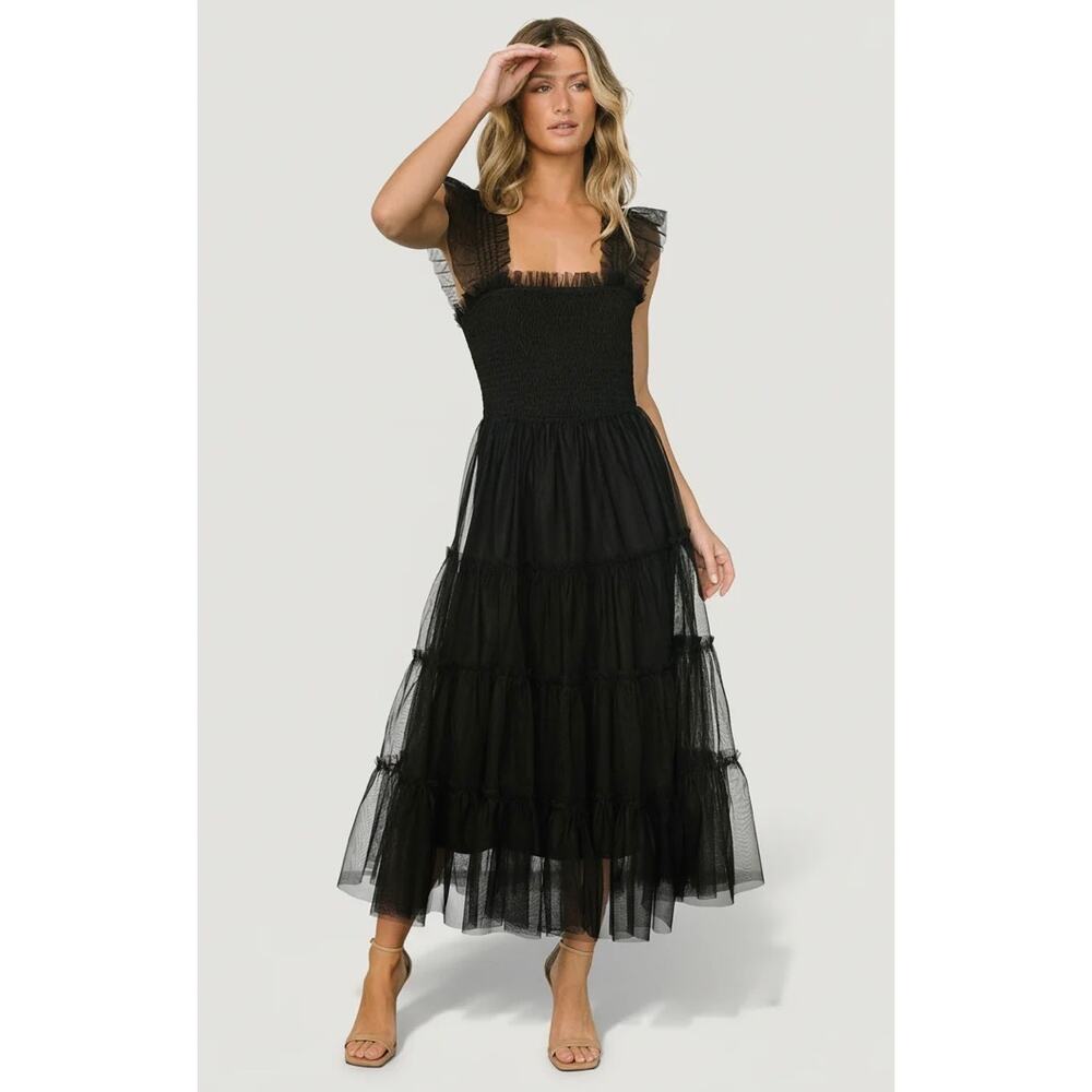 New Baltic Born Emma Smocked Tulle Dress BLACK Women's Sz XL Long Maxi Stretch
